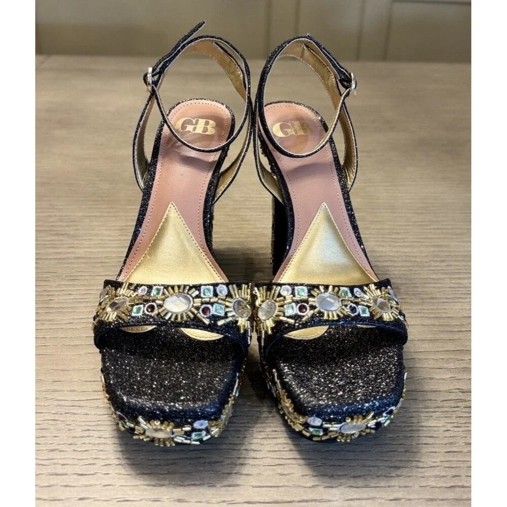 GIANNI BINI Black Gold Embellished Platform Heels Glam Party. Sizes 6.5 , 7 , 8